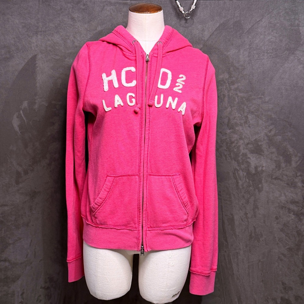 Vtg Y2K Hollister Full Zip Hoodie Womens Large Pink Embroidered‎ Laguna Spellout